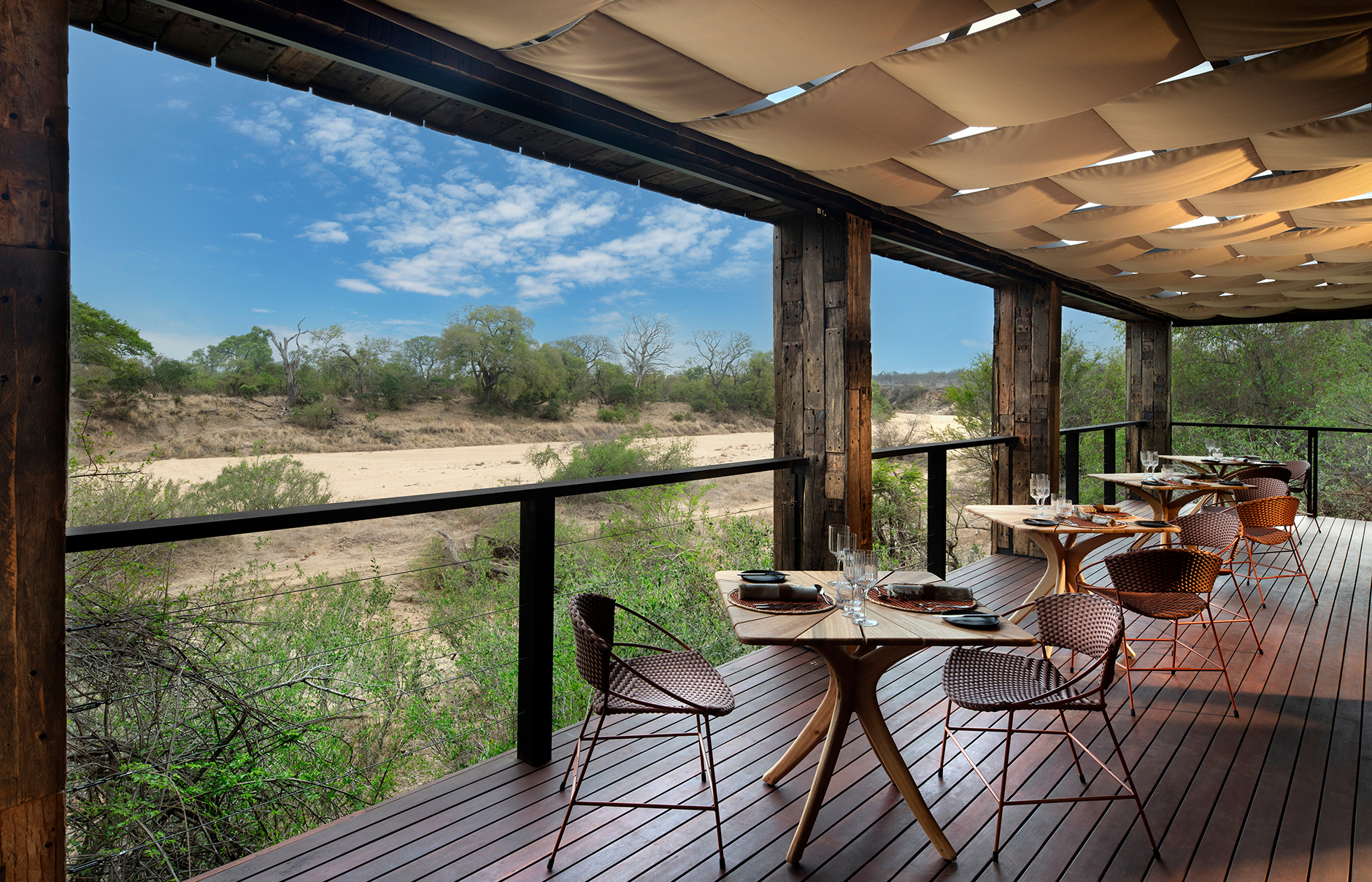andBeyond Ngala Tented Camp, Kruger National Park, South Africa. Review by TravelPlusStyle. Photo © andBeyond South-Africa-Ngala-Tented-Camp-main-area-dining-deck