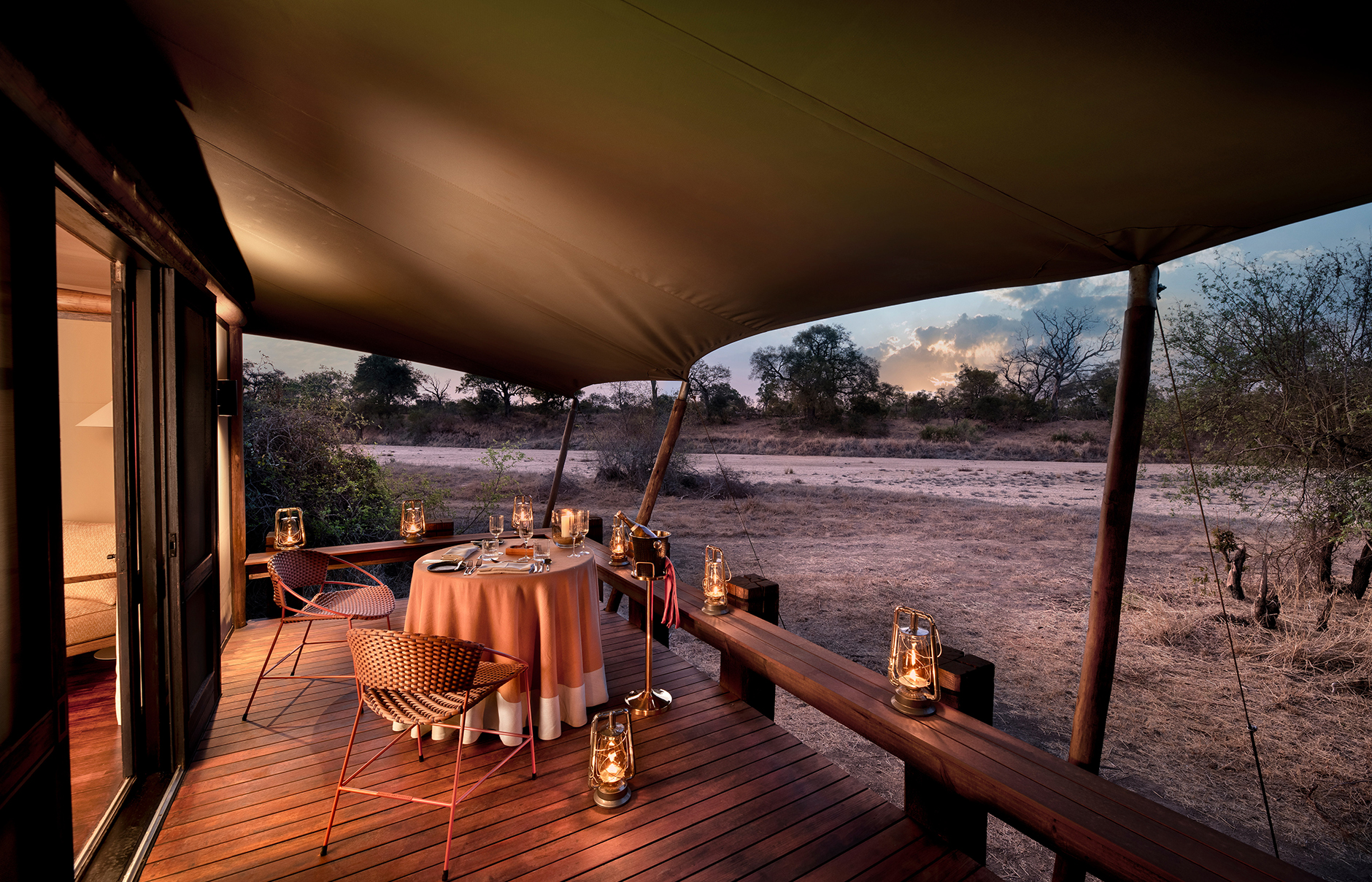 andBeyond Ngala Tented Camp, Kruger National Park, South Africa. Review by TravelPlusStyle. Photo © andBeyond South-Africa-Ngala-Tented-Camp-private-inroom-dinner