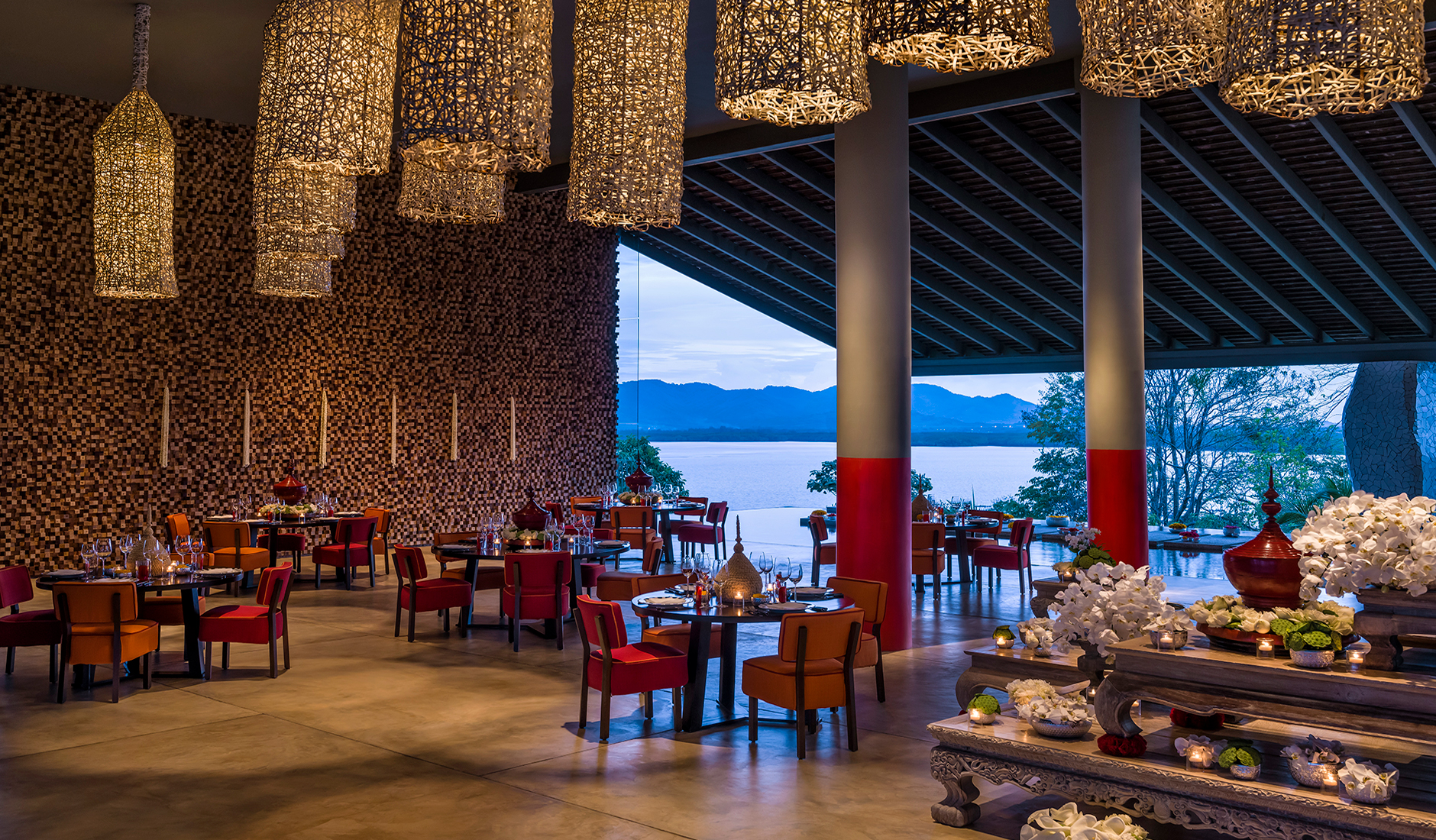 Point Yamu by COMO, Phuket. TravelPlusStyle.com thai_wedding_dinner_lobby_setup