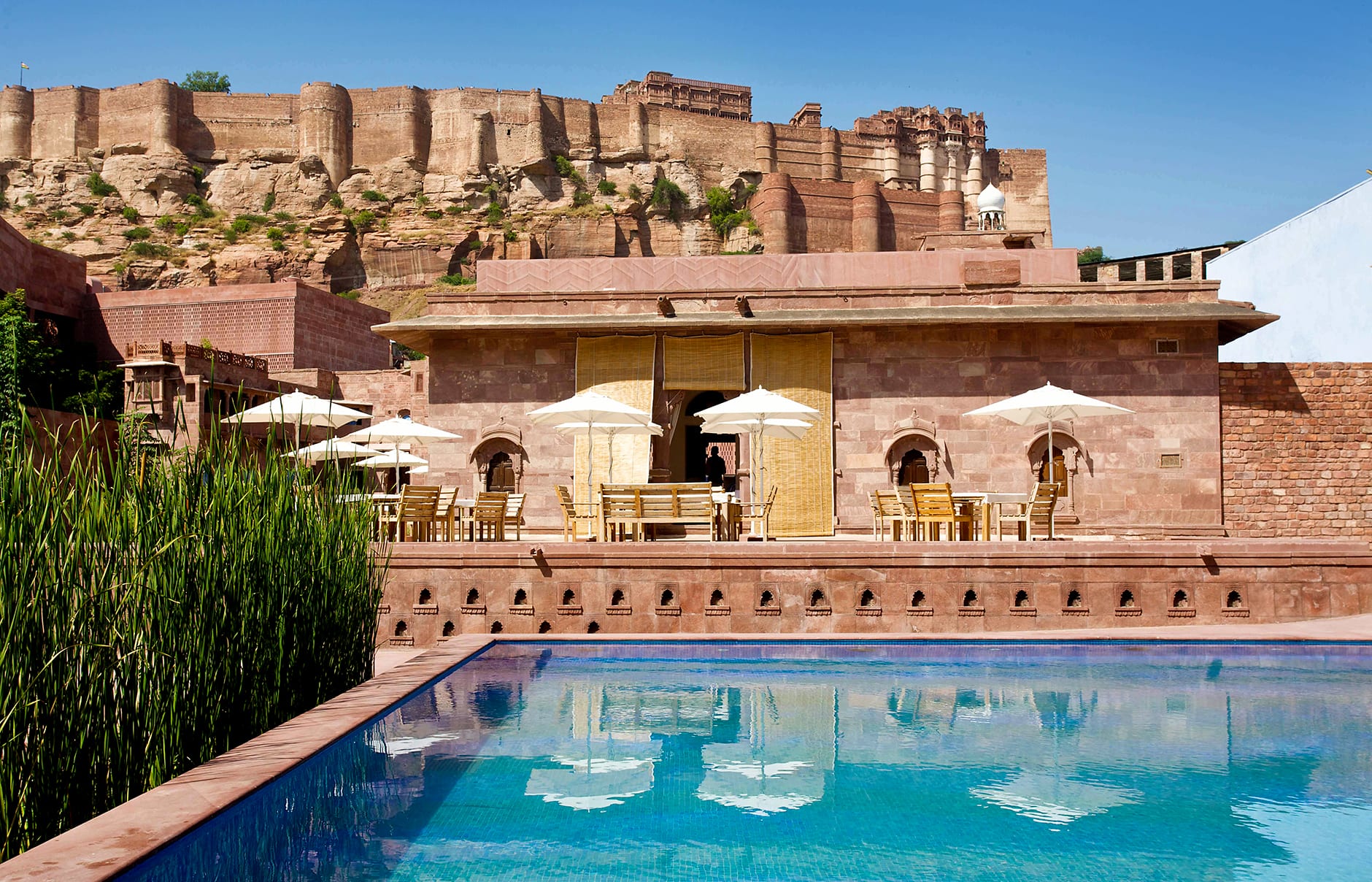 Baradari Restaurant outdoor. Raas Jodhpur, India. Luxury Hotel Review by TravelPlusStyle. Photo © Rass