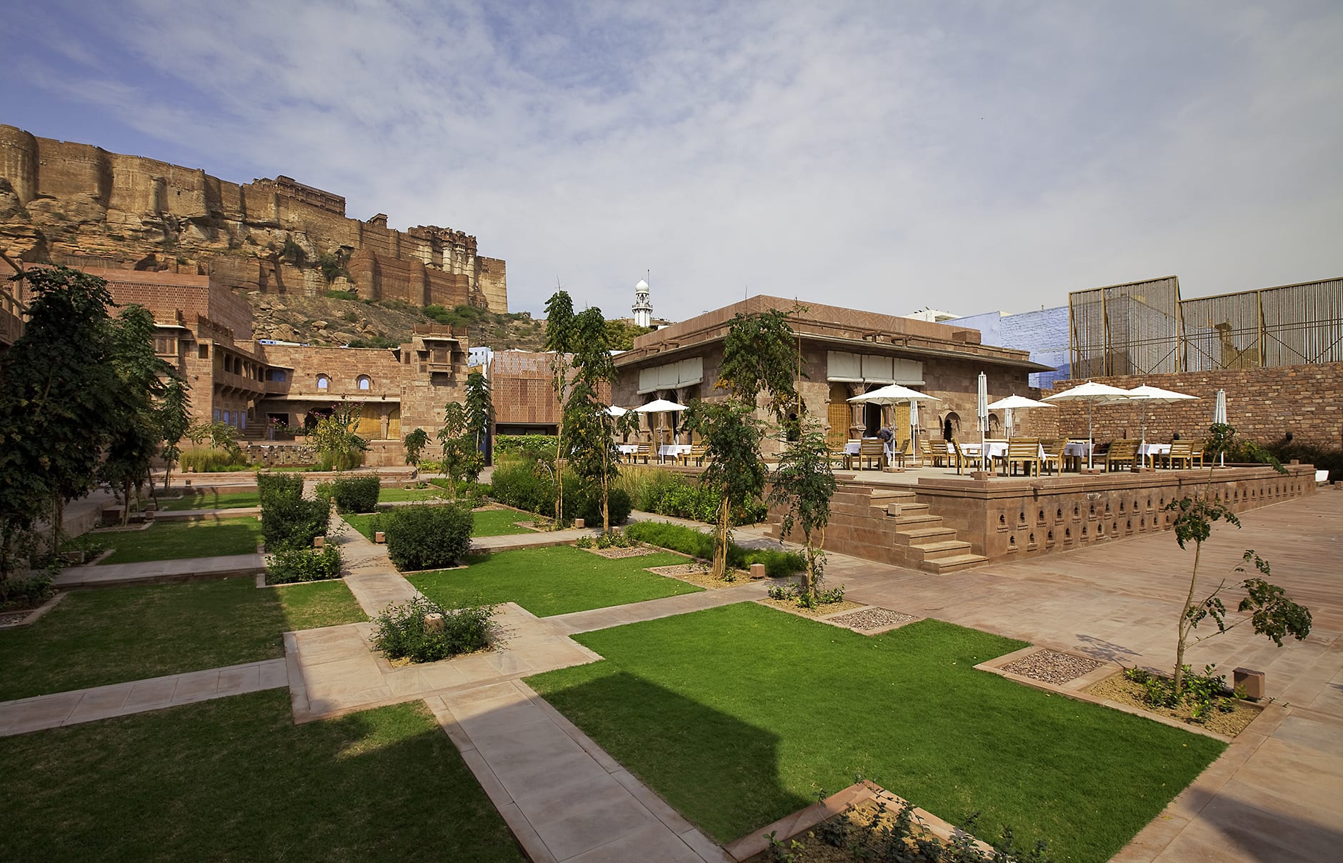 Baradari Restaurant outdoor. Raas Jodhpur, India. Luxury Hotel Review by TravelPlusStyle. Photo © Rass