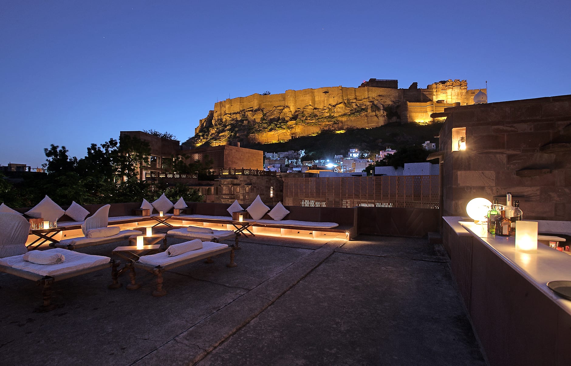 Rooftop bar. Raas Jodhpur, India. Luxury Hotel Review by TravelPlusStyle. Photo © Rass