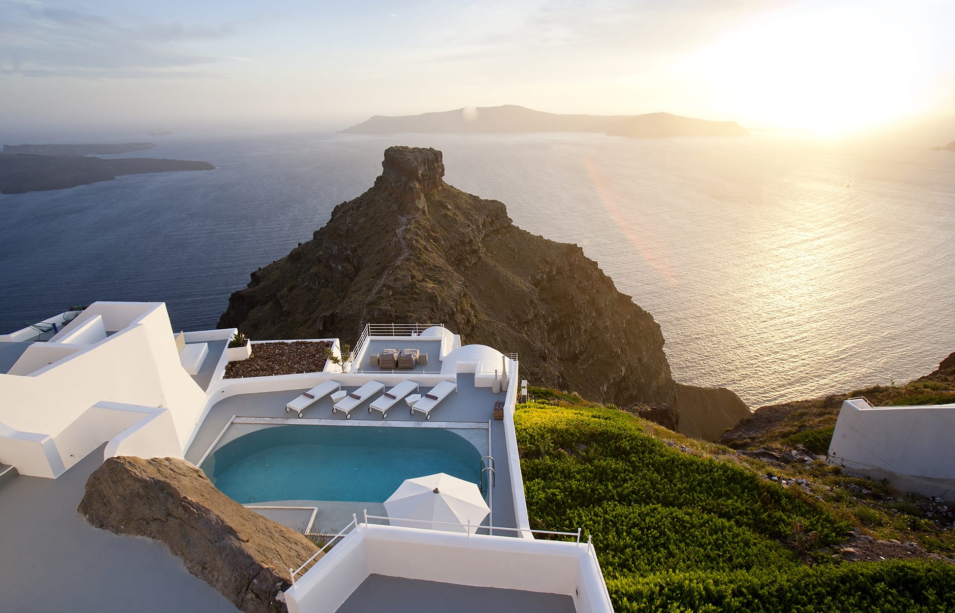 Villa Private Pool & General View. Grace Hotel Santorini, Greece. Luxury Hotel Review by TravelPlusStyle. Photo © Auberge Resorts Collection