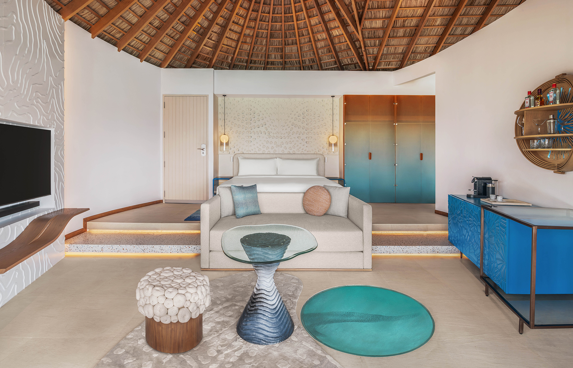 W Maldives, Fesdu Island, Maldives. Hotel Review by TravelPlusStyle. Photo © Marriott International W-Maldives-Premier-Overwater-One-Bedroom-Villa-Bedroom-2