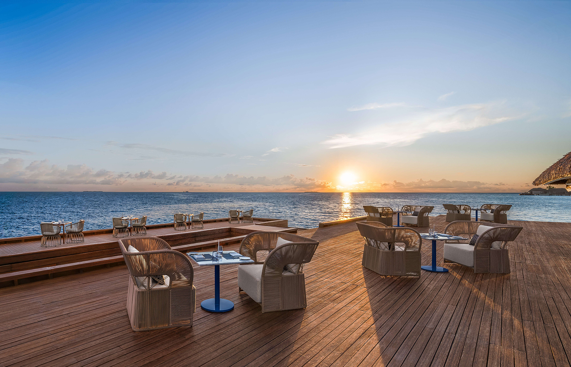 W Maldives, Fesdu Island, Maldives. Hotel Review by TravelPlusStyle. Photo © Marriott International who_mlewh_fish_terrace_sunset