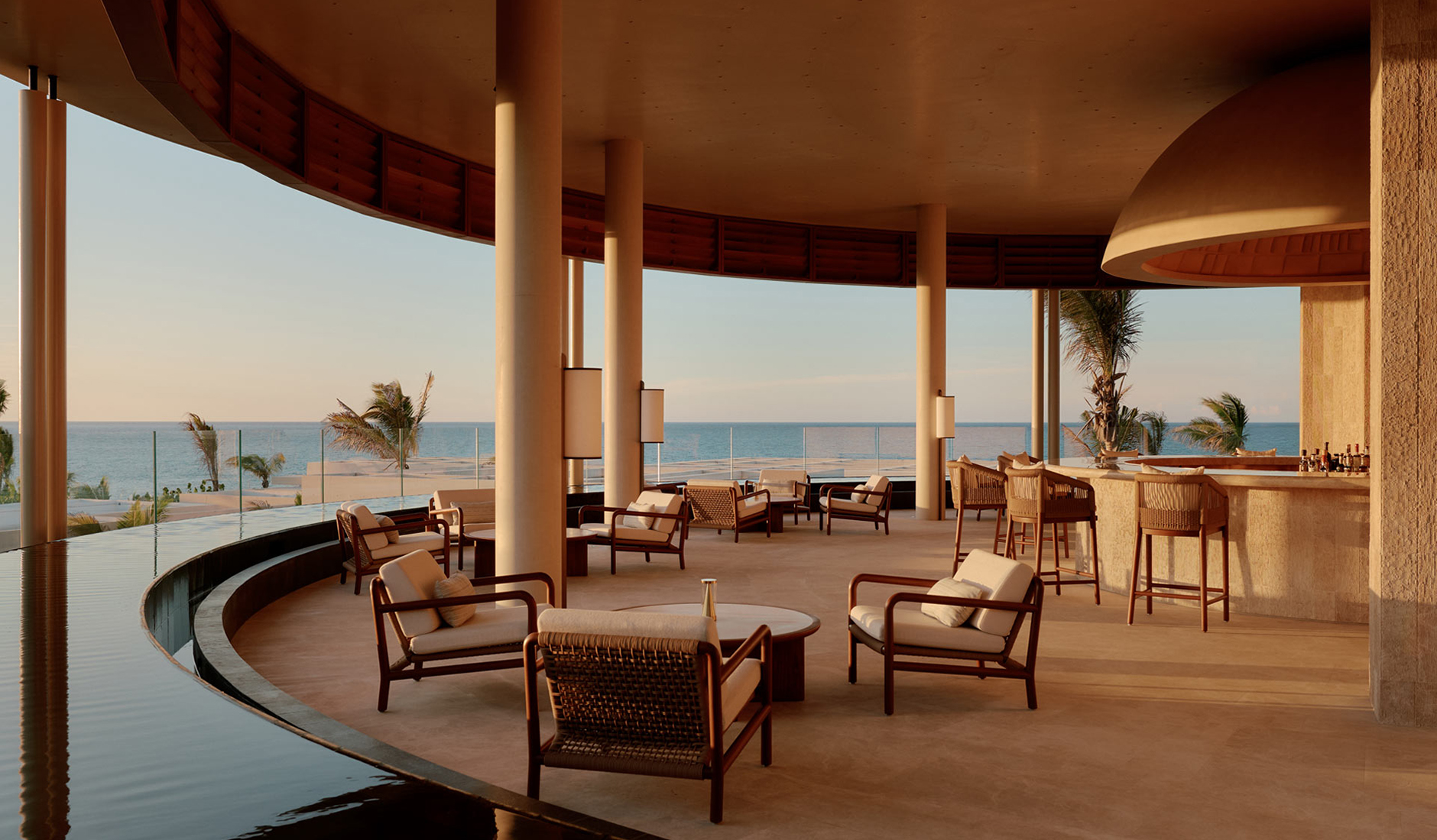 The striking modern interior of the bar at Amanvari luxury hotel, perfectly integrated into the wild landscape of Baja California Sur.