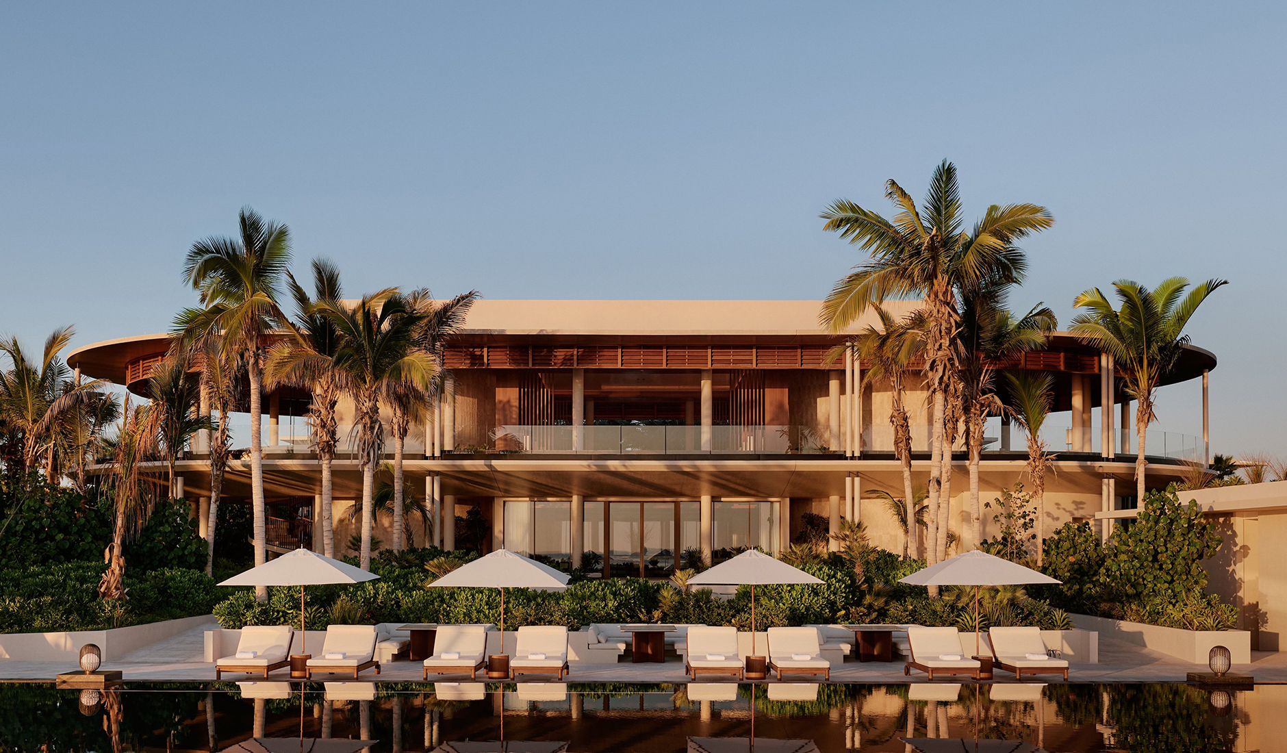 The striking modern exterior of the main building at Amanvari luxury hotel, perfectly integrated into the wild landscape of Baja California Sur.