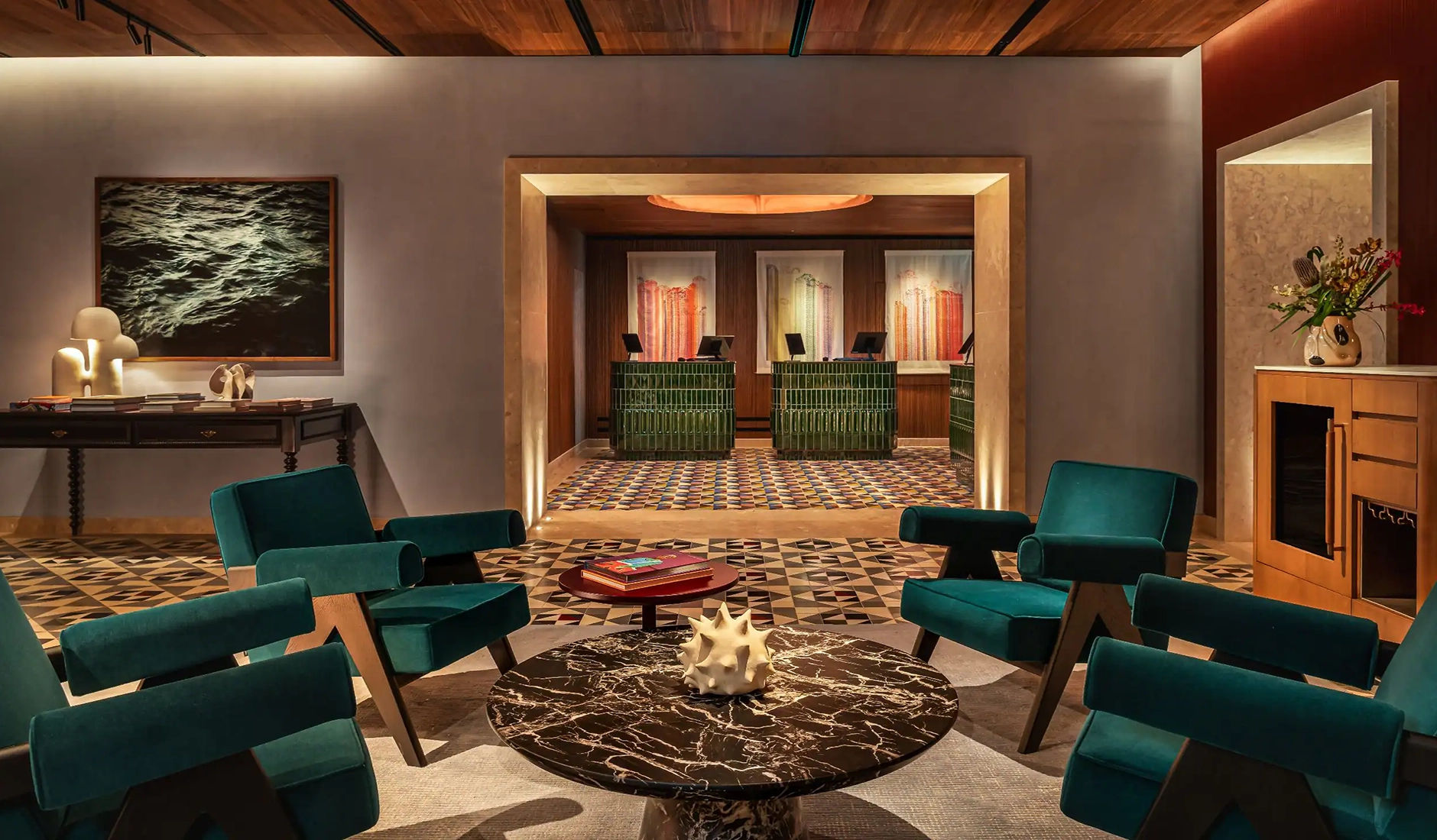 Reception area at Andaz Lisbon, combining contemporary design with Portuguese-inspired materials and finishes