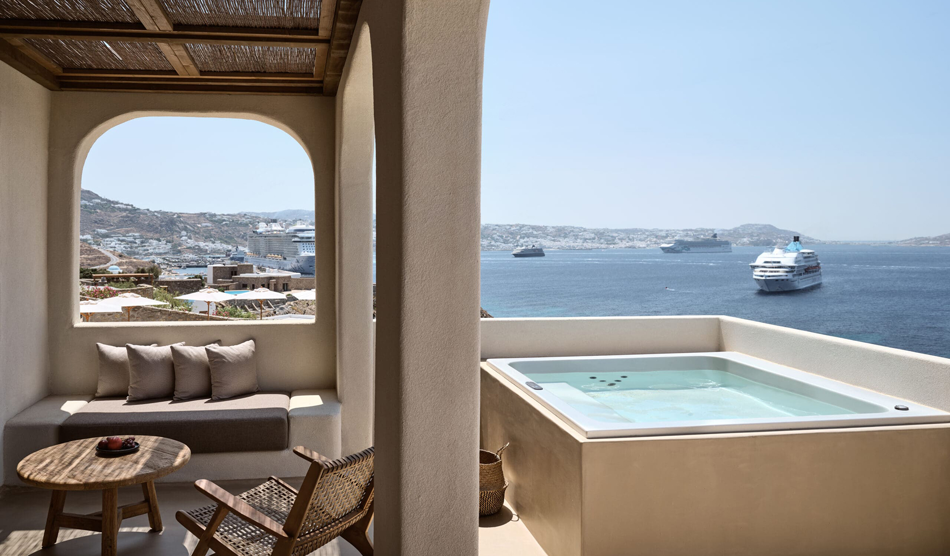 Private terrace hot tub at Omeon Mykonos, perfect for watching the sunset, making it one of the best design boutique hotels for couples.