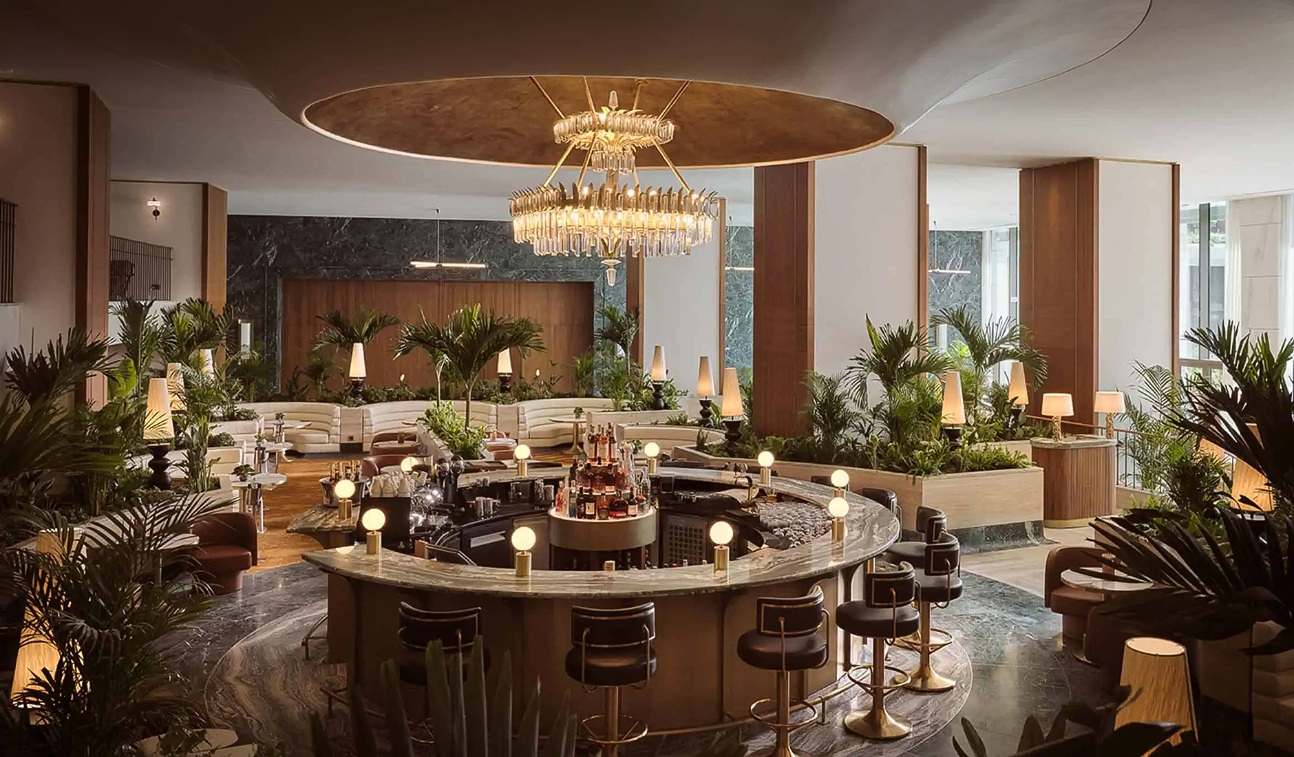 The Athenian Lounge at Conrad Athens The Ilisian, featuring a sculptural bar, elegant seating and lush greenery in a contemporary setting