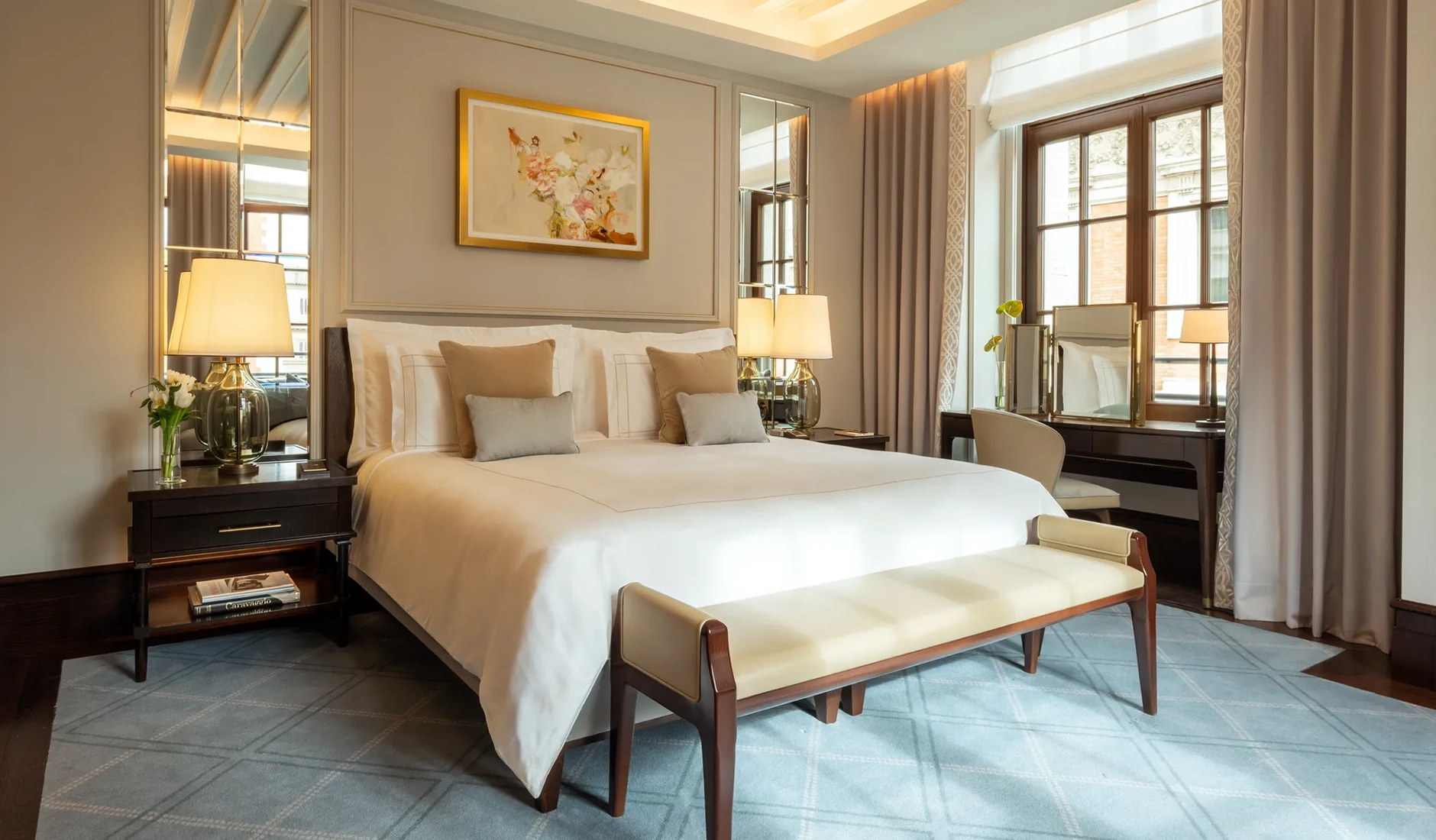Bedroom in a luxury suite at Corinthia Rome with refined finishes and generous natural light