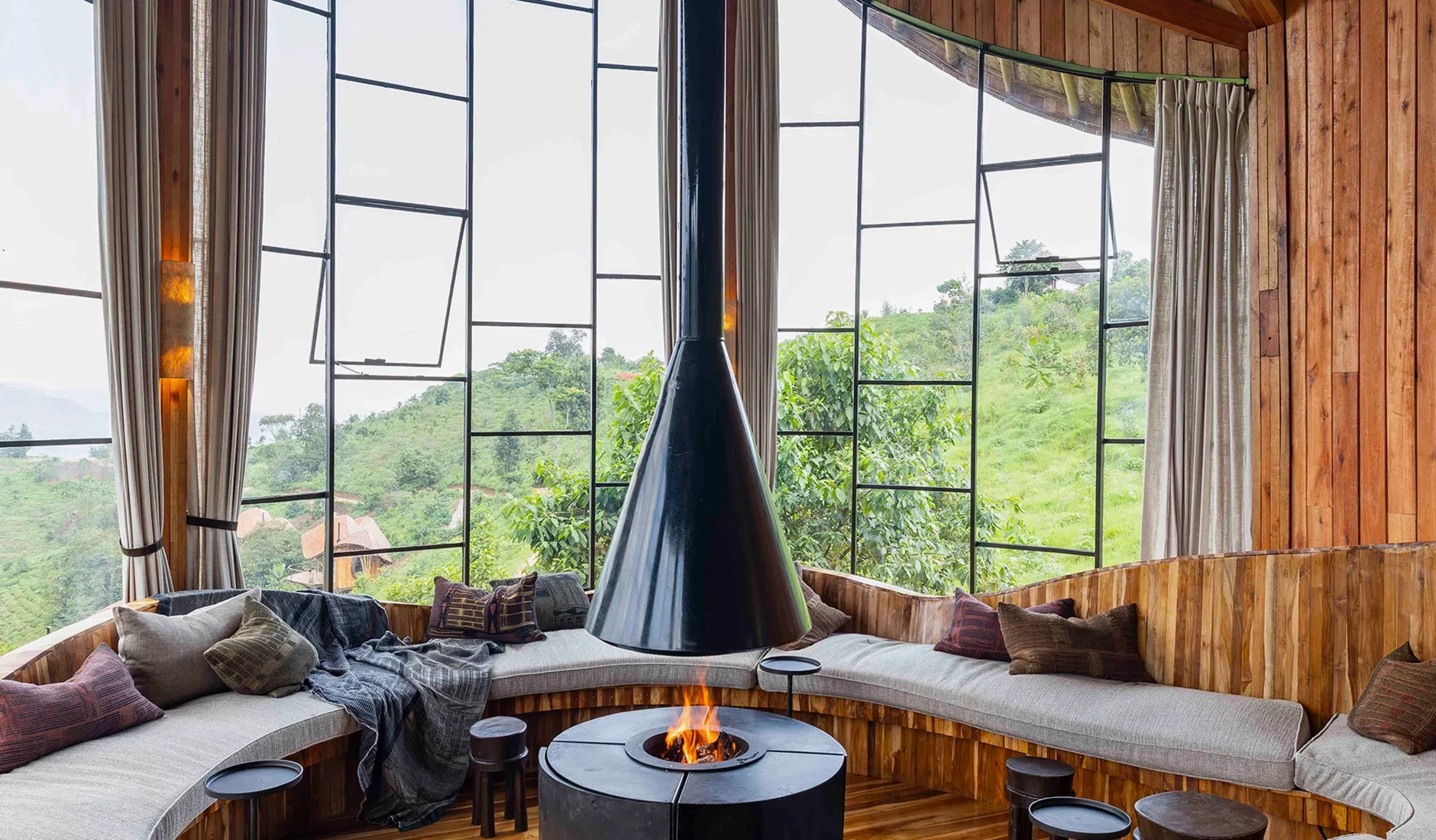 Contemporary lodge interiors at Erebero Hills combining natural materials with a forest setting
