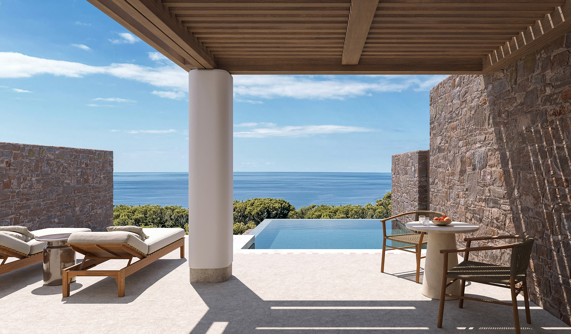 Luxury suite exterior and private plunge pool deck at Eréma Milos, offering panoramic sea views and Cycladic-inspired earth-toned decor.