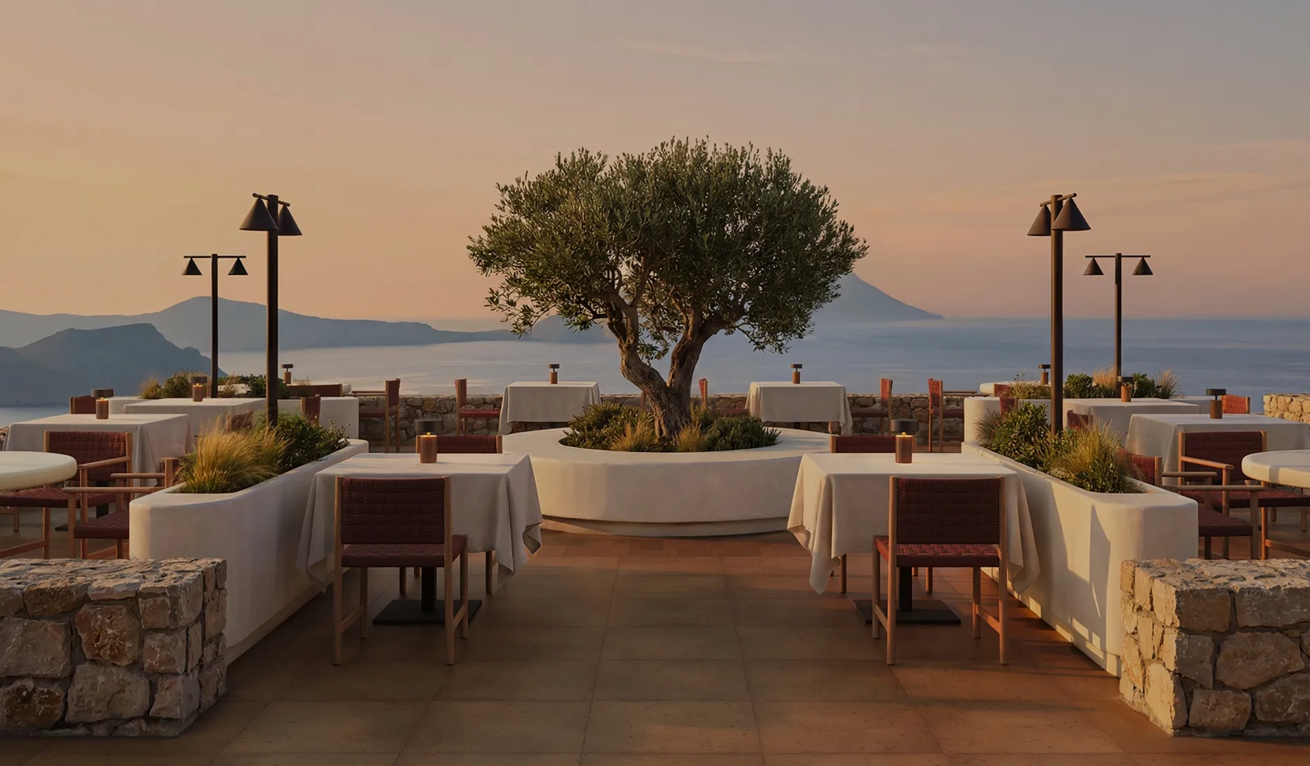 Stylish open-air restaurant at Eréma luxury resort in Milos, serving seasonal Cycladic cuisine with uninterrupted views of the Aegean horizon.