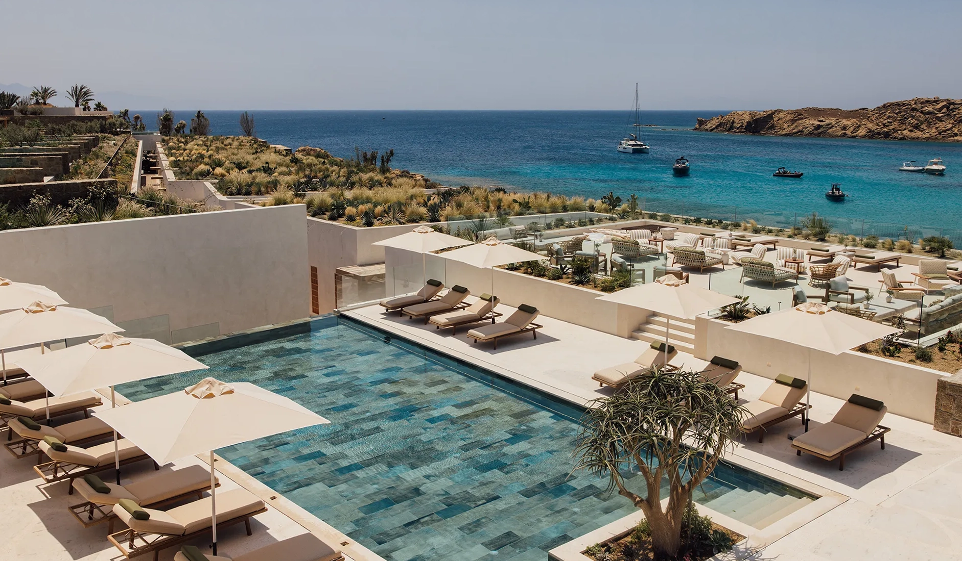 Fouquet’s Mykonos luxury beachfront hotel overlooking the Aegean Sea at Paraga Beach.