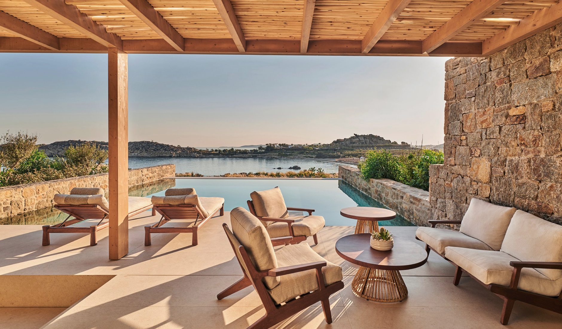 Private pool and sea-view terrace at a luxury suite in Fouquet’s Mykonos.