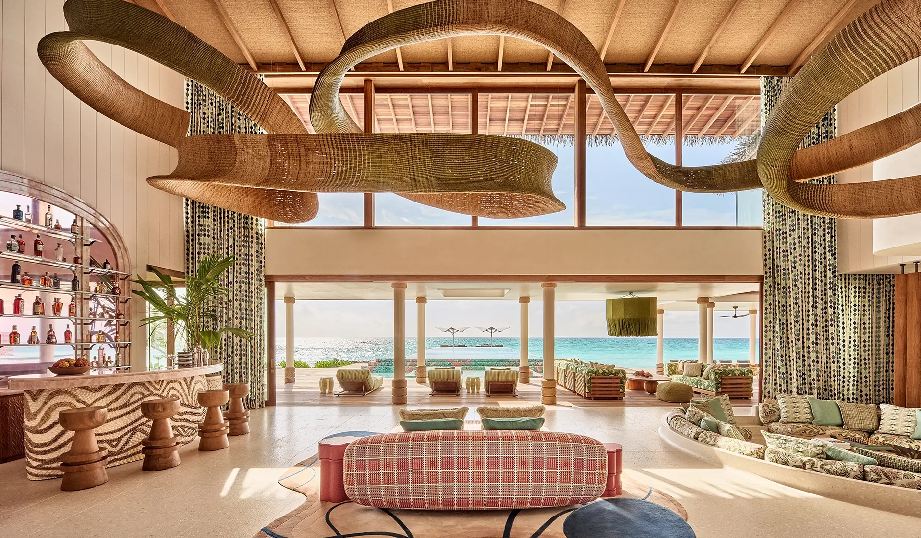 Living area inside a private residence on Nowhere Island in the Maldives