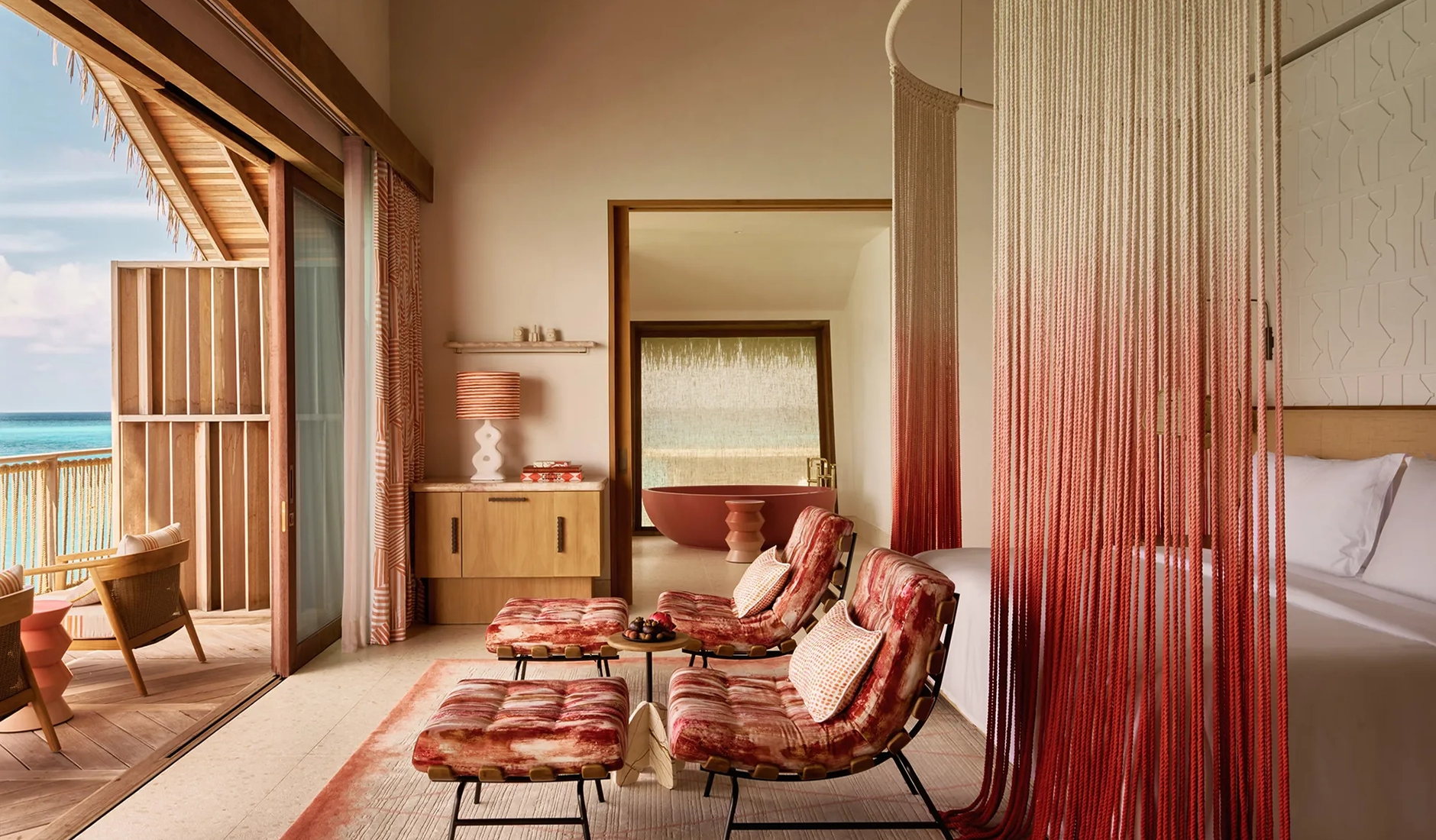 Bedroom inside a private residence on Nowhere Island at .Here Baa AtollO