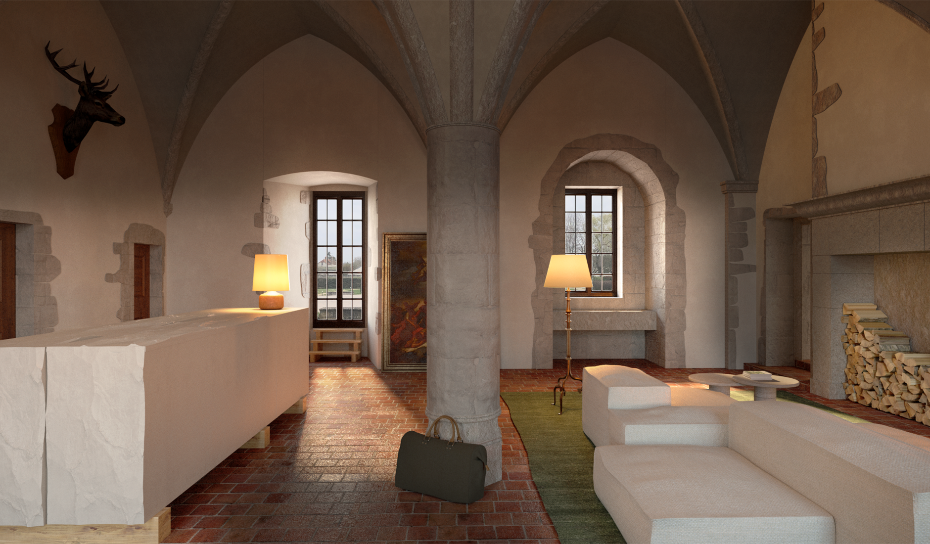 Historic interior at Les Sources de Vougeot with traditional stone architecture