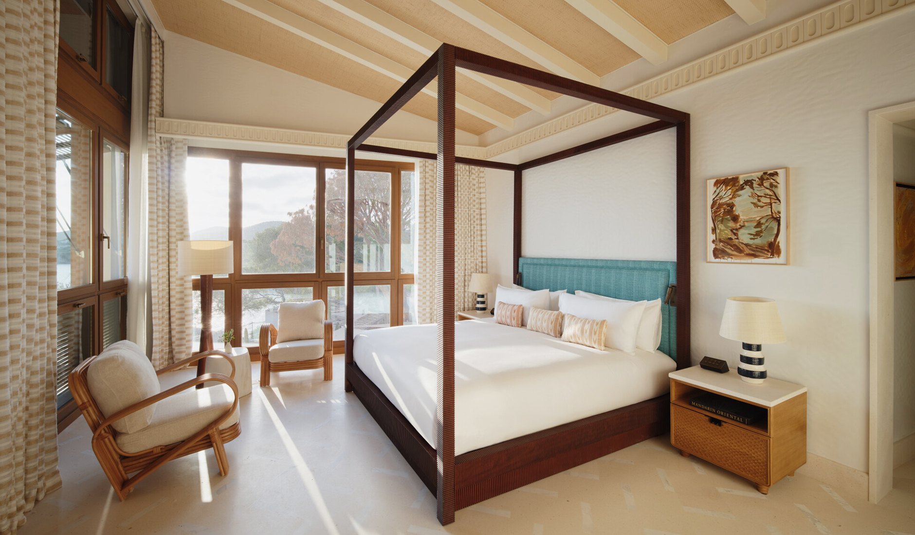 Bright and sophisticated interior of a luxury sea-view suite at Mandarin Oriental Punta Negra, featuring modern Balearic-inspired decor