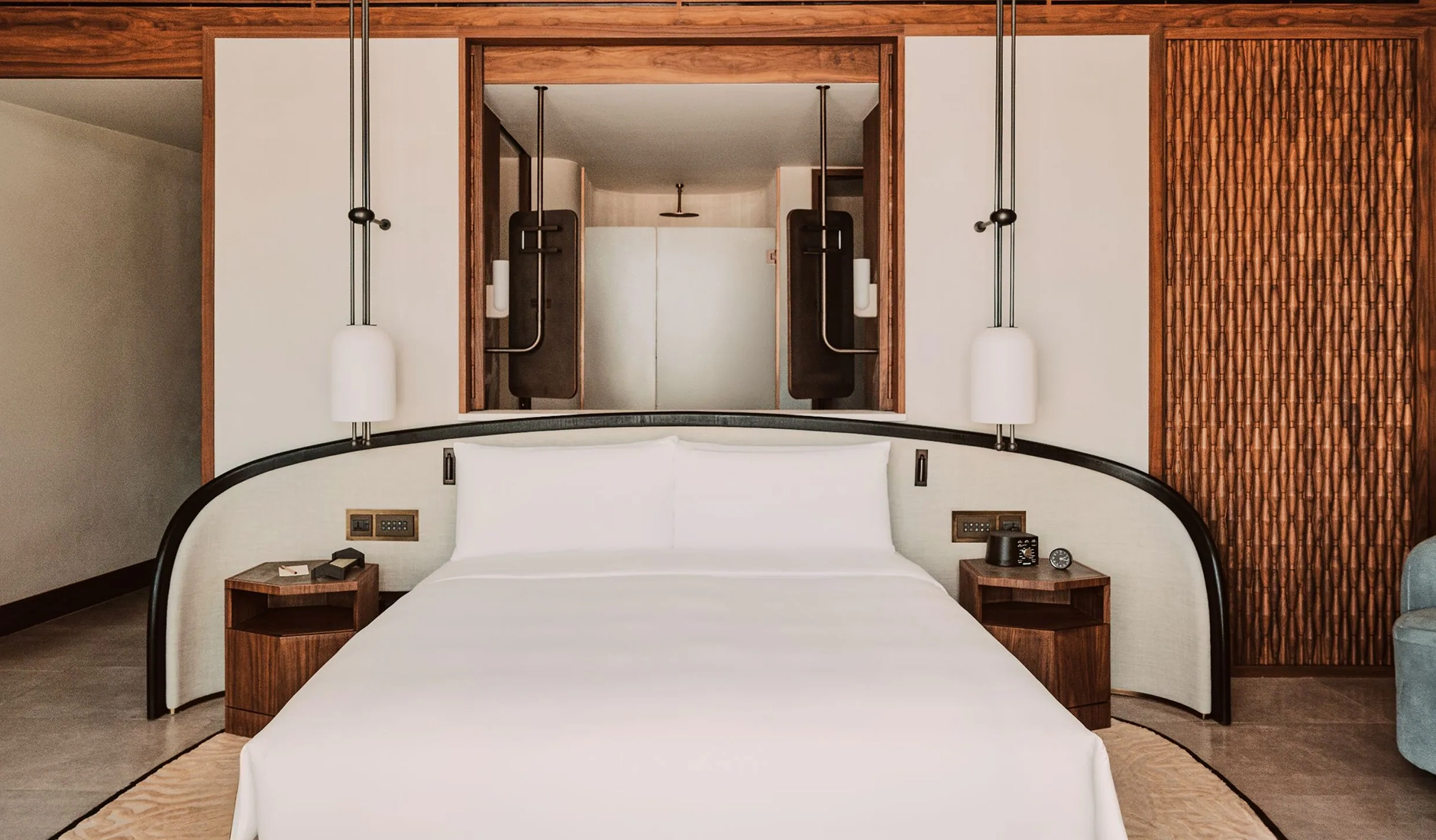 Bedroom at Miraval The Red Sea with natural materials, muted colours and a calm, minimalist design