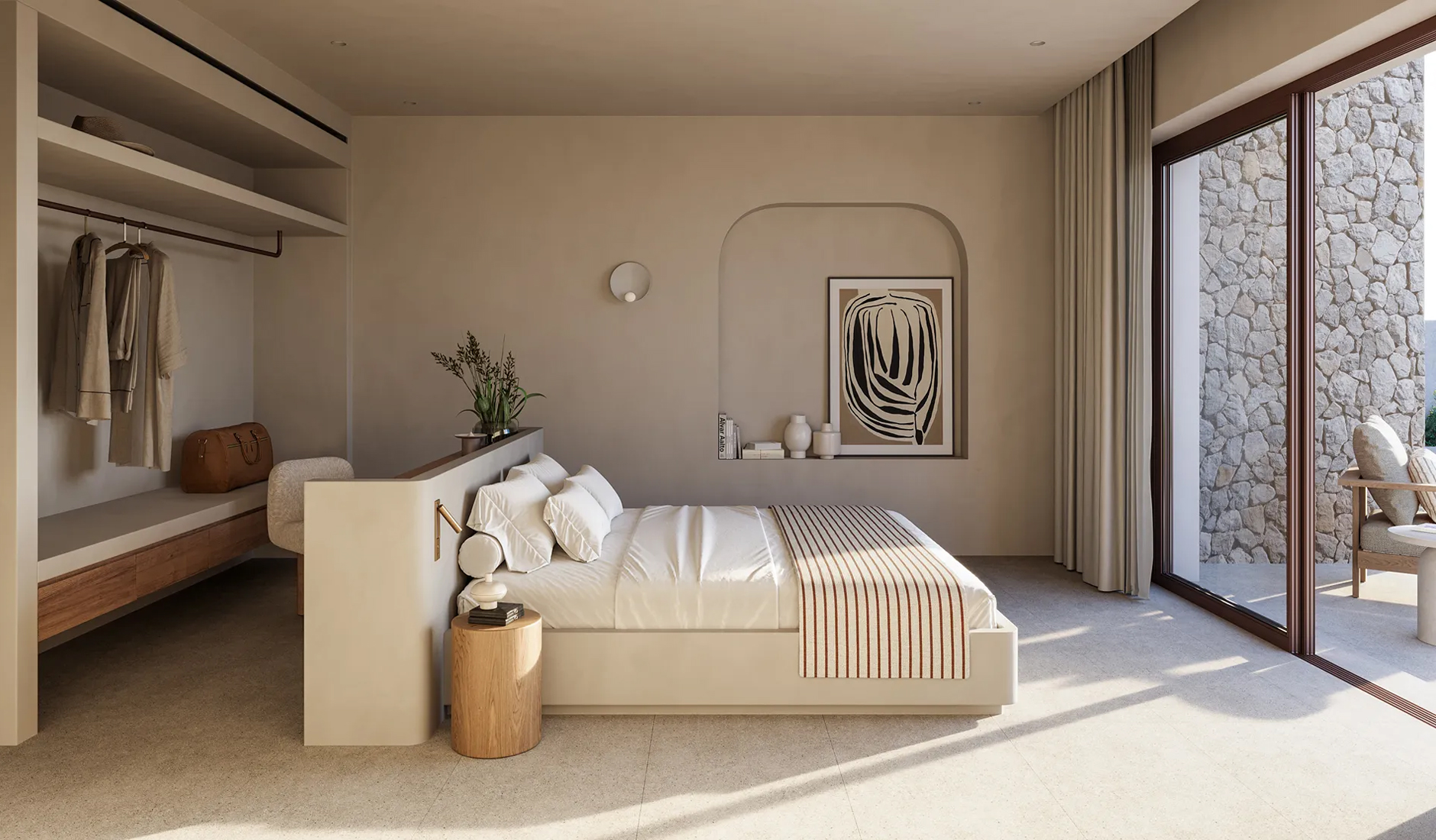 Bedroom in a guest suite at Onero Milos with understated contemporary furnishings