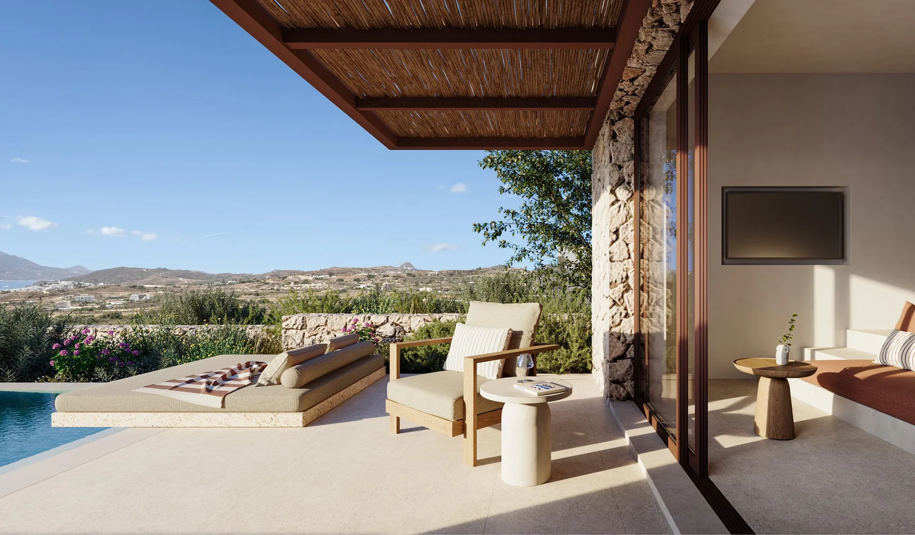 Private terrace at Onero Milos overlooking the Aegean Sea