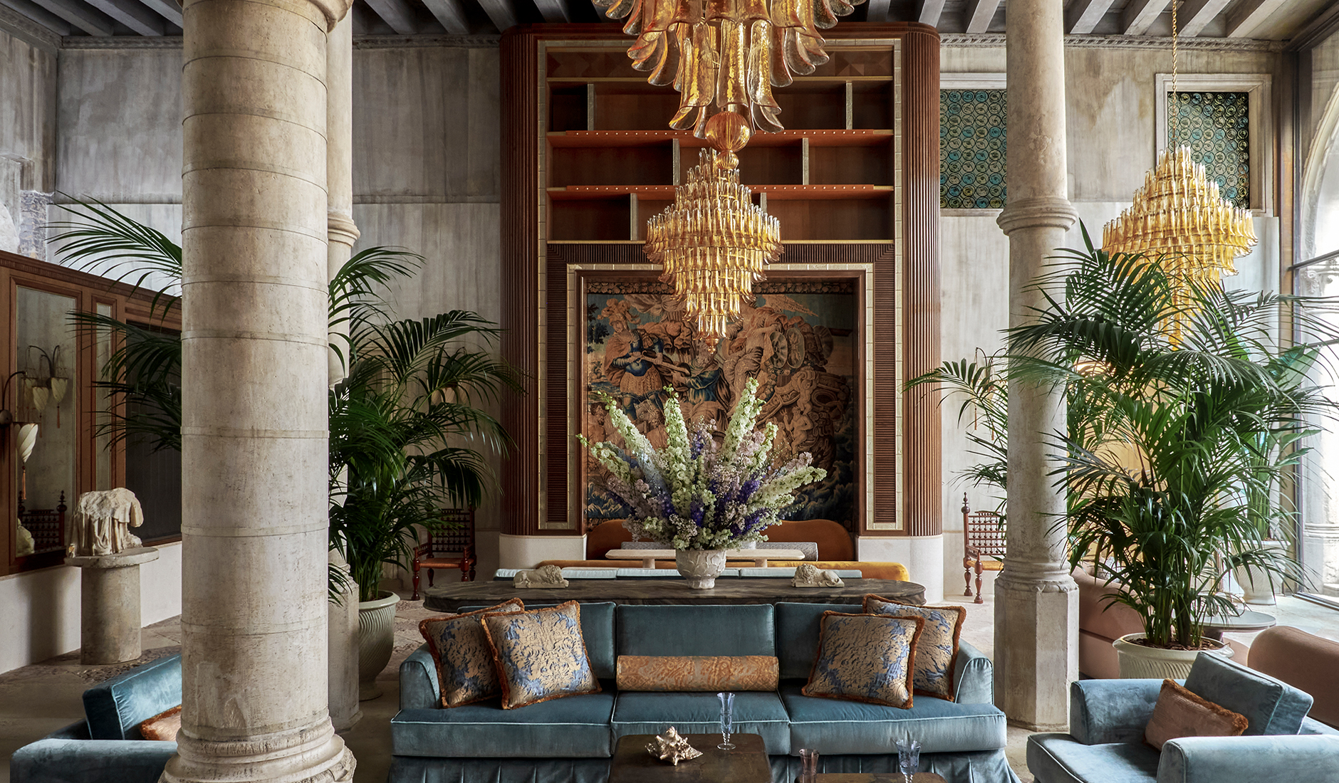 Detailed view of the exquisite interior design inside the Orient Express Venice hotel, highlighting preserved historic frescoes and master craftsmanship.