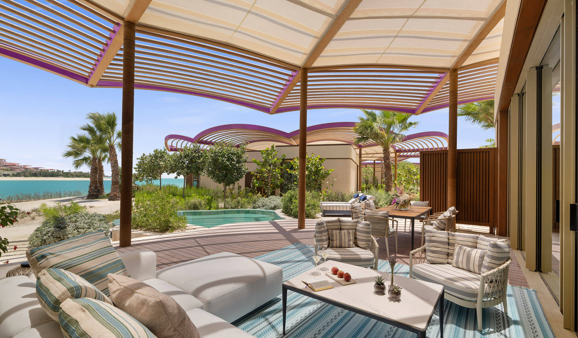 Exterior of the Luxurious beachfront villa at Raffles The Red Sea, featuring a private infinity pool, a secluded sun deck, and panoramic views of the crystal-clear Red Sea.
