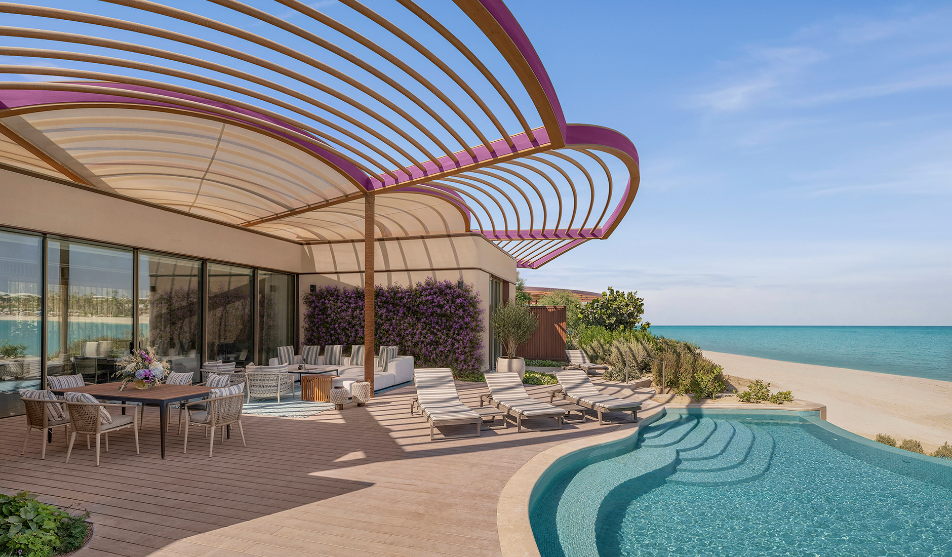 Luxurious beachfront villa at Raffles The Red Sea, featuring a private infinity pool, a secluded sun deck, and panoramic views of the crystal-clear Red Sea.