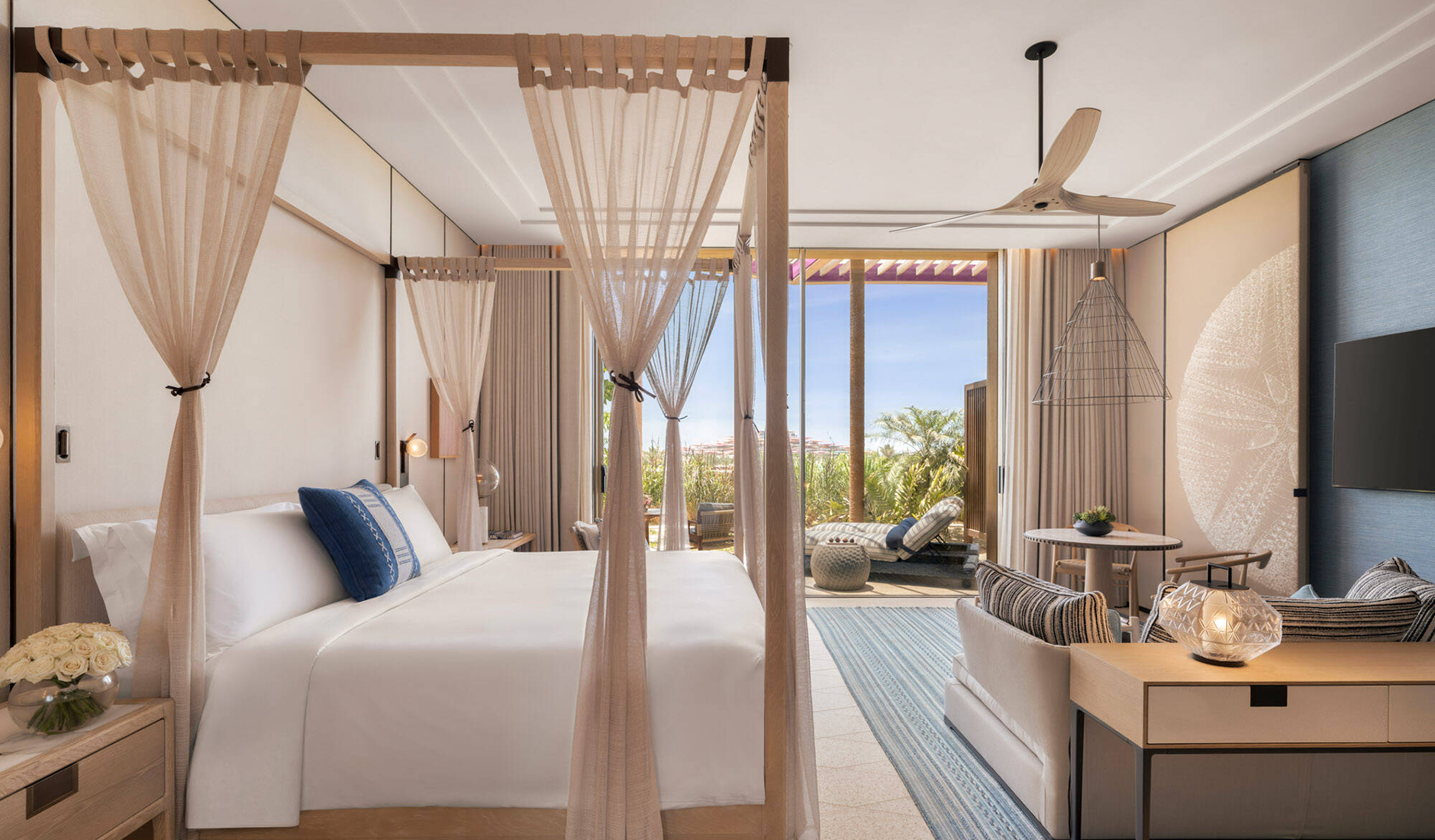 Sophisticated modern interior of a luxury suite at Raffles The Red Sea hotel, blending high-end contemporary design with elegant Saudi Arabian cultural motifs.
