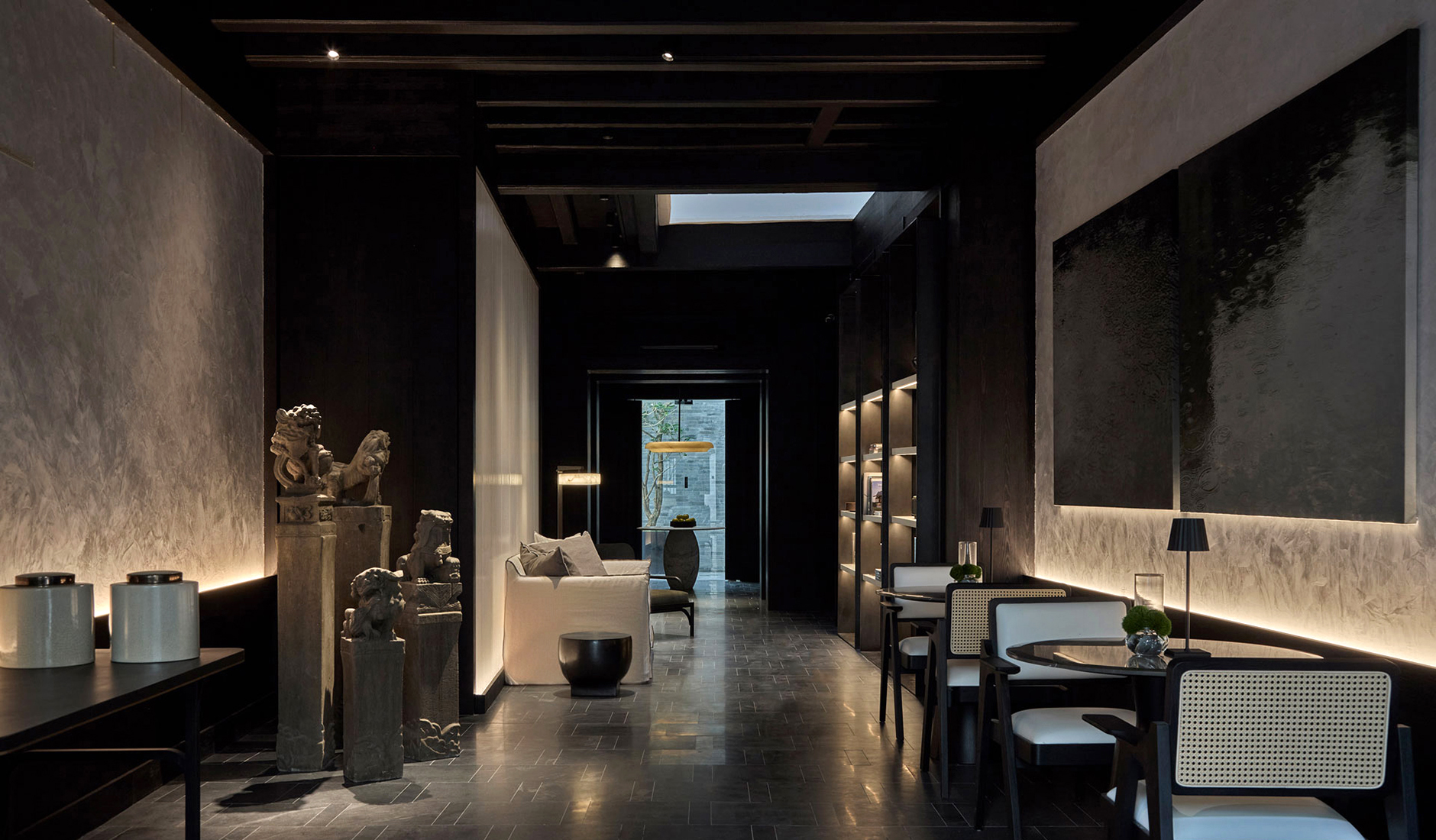 Interior of Soori Penang, a luxury boutique hotel housed in restored heritage shophouses in George Town, Malaysia