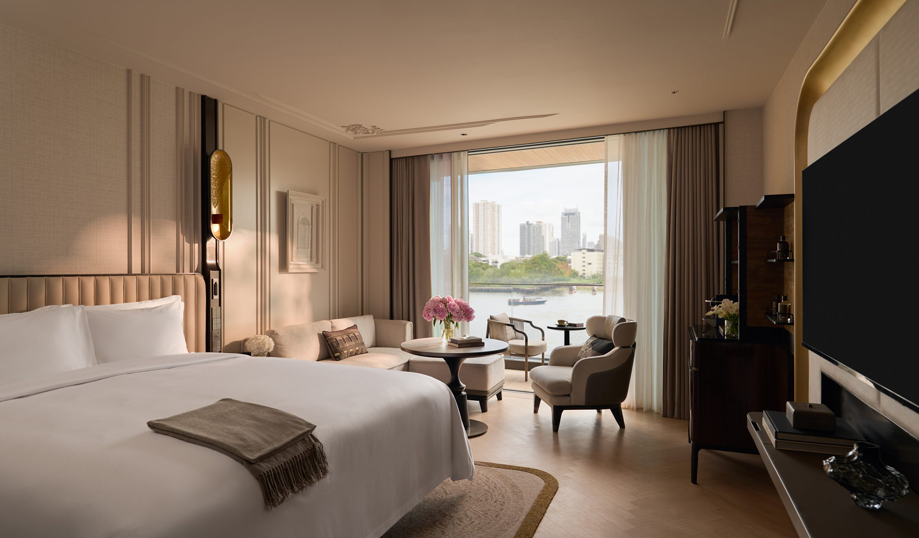 River View Balcony Room at The Langham, Custom House, Bangkok, with an outdoor balcony