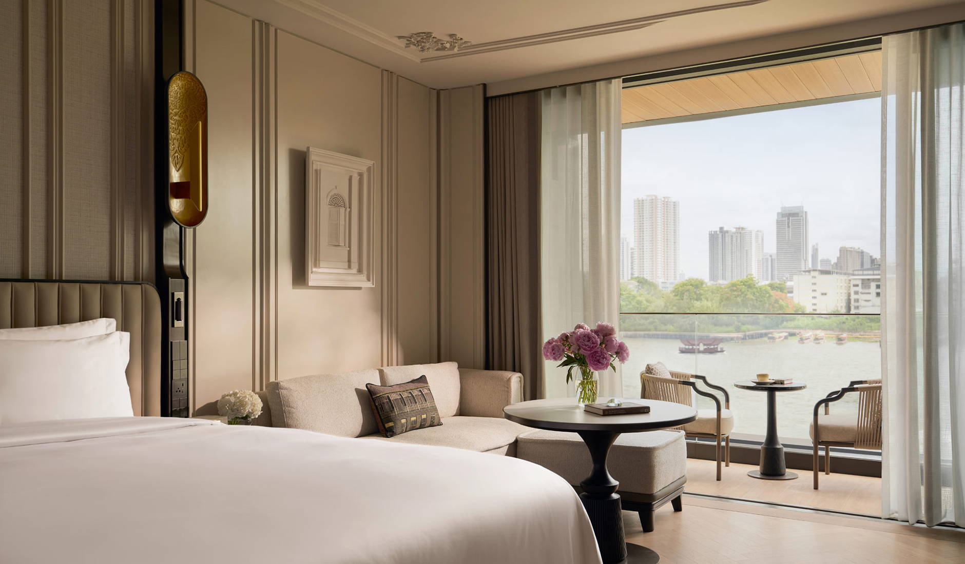 Guest room at The Langham, Custom House, Bangkok, overlooking the Chao Phraya River