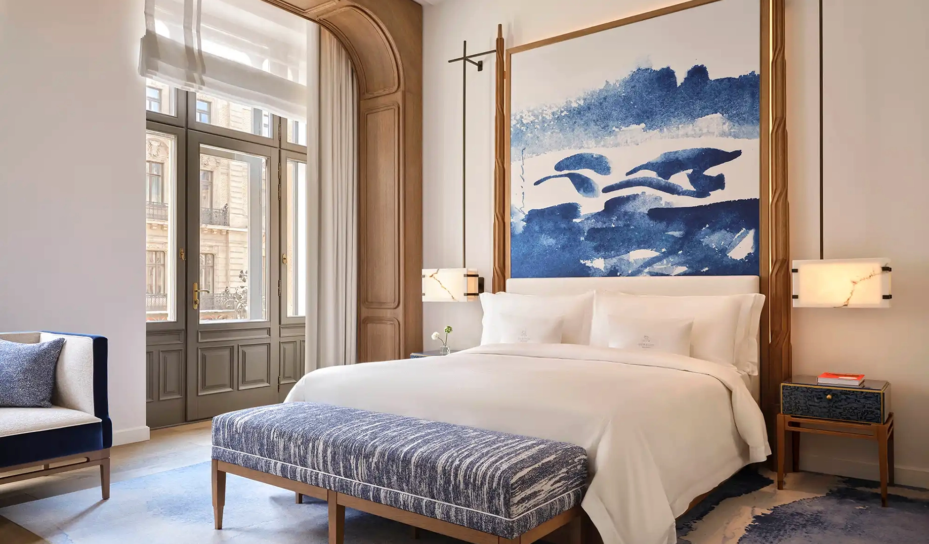 Bedroom in a luxury suite at The St. Regis Budapest, designed with refined contemporary details