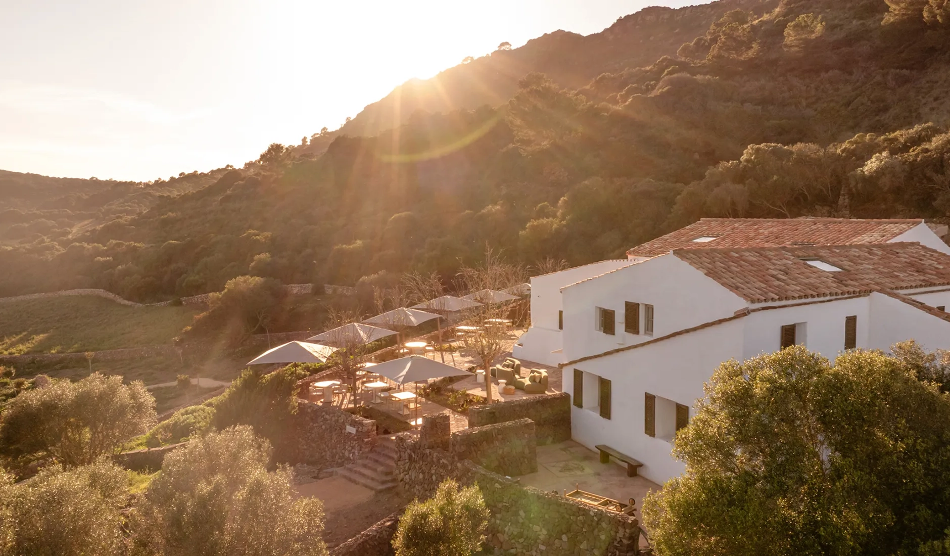 Spectacular bird's-eye view of the Vestige Binidufà private estate, highlighting the luxury boutique hotel surrounded by lush Mediterranean gardens and olive groves.