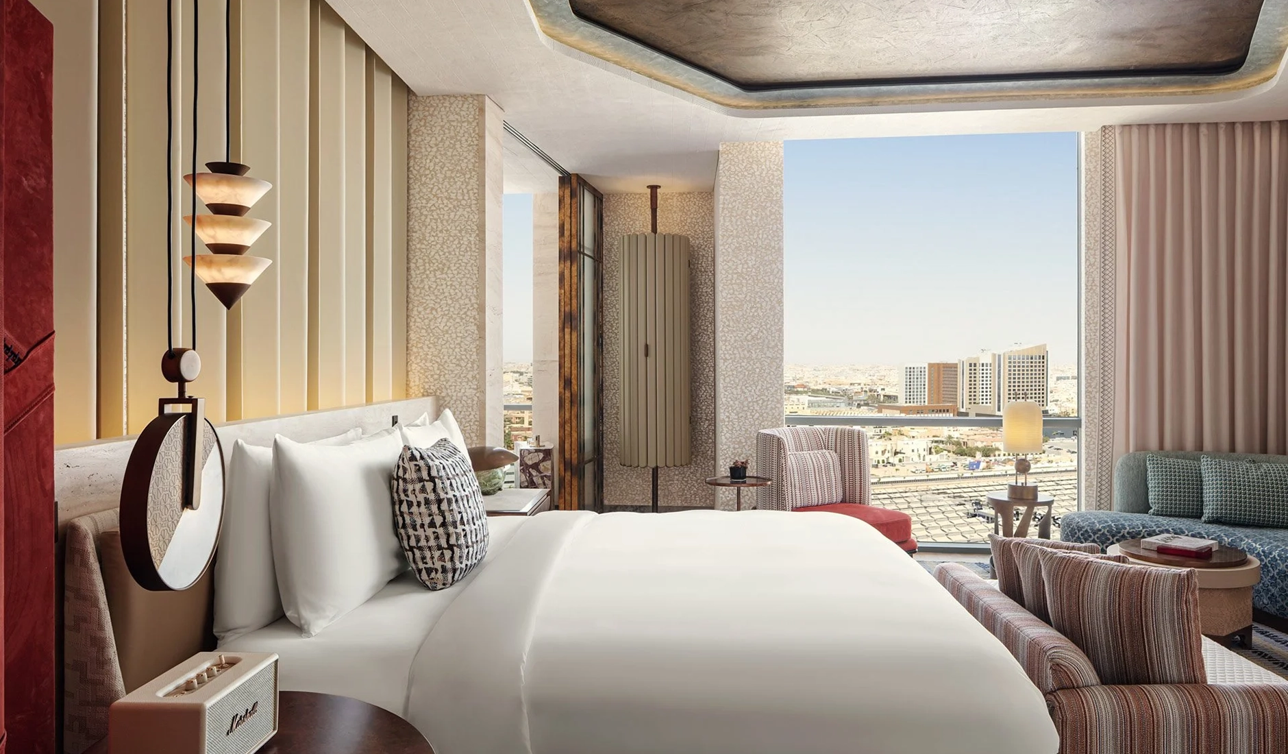 Guest room at W Riyadh – KAFD with floor-to-ceiling windows overlooking Riyadh